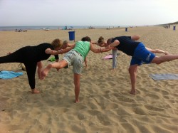 De groep in een strekking op het strand